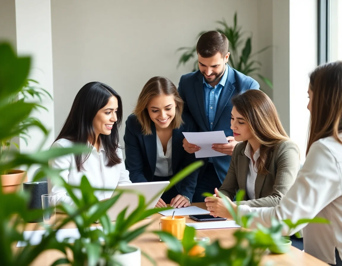 A business team collaborating around a table with green plants in the office