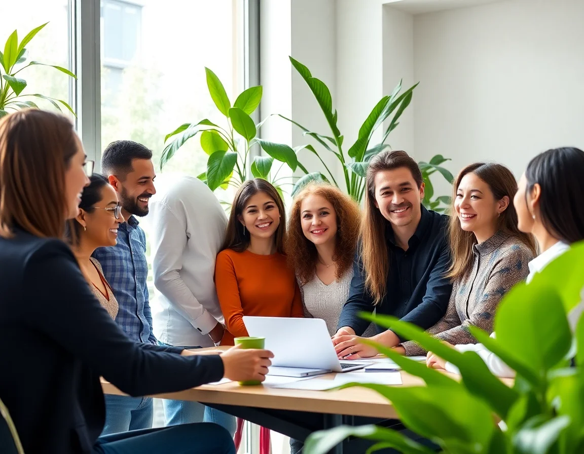 A diverse team collaborating in a modern, sunlit office with green plants, symbolizing sustainable business strategy.