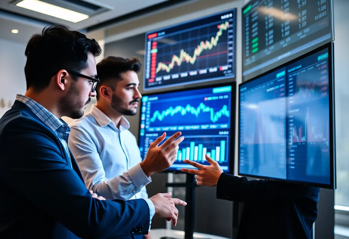A group of business people analyzing financial charts and data on a screen, representing diligent investment analysis.