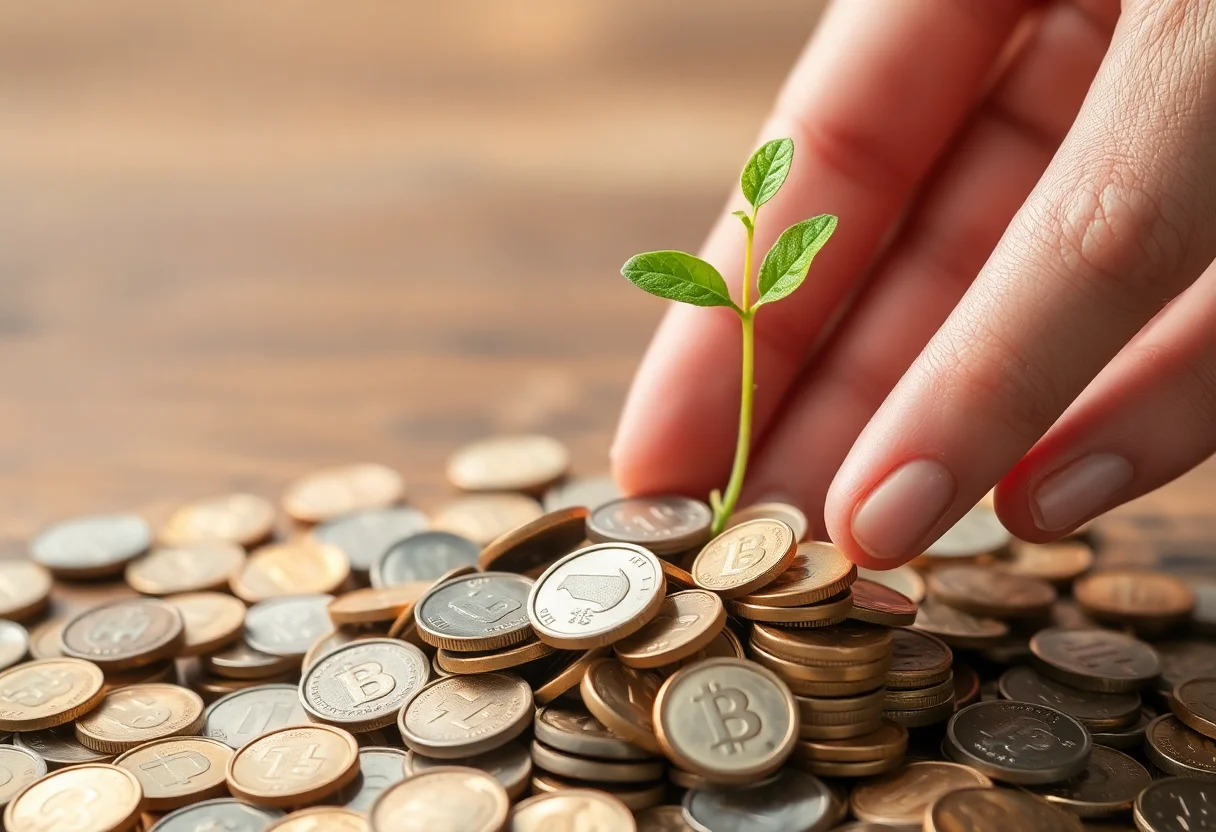 A hand holding a small green sprout growing from a pile of coins, symbolizing growth and sustainable investment.