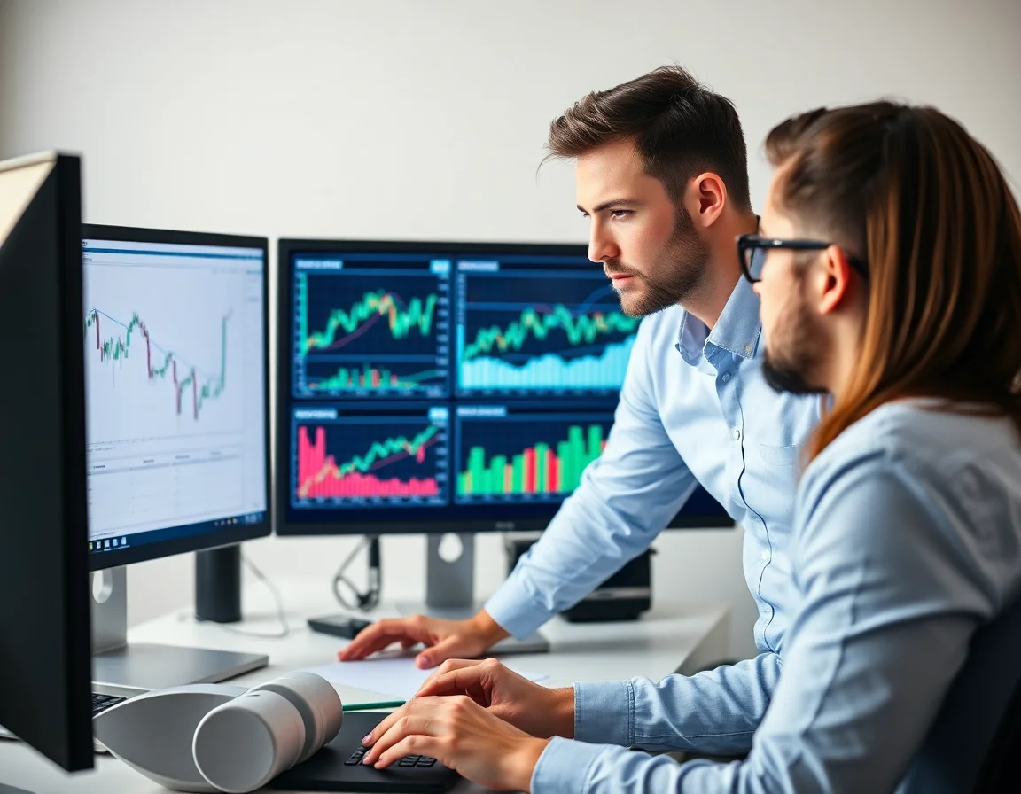 Financial analyst team discussing charts on a computer screen