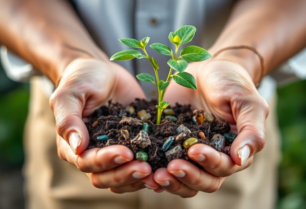 Hands holding a plant sprout growing from recycled materials
