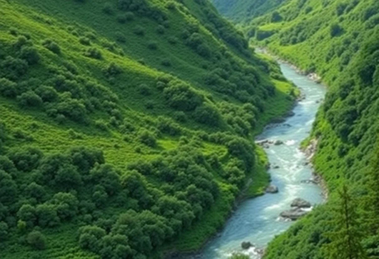 Lush green valley with a river running through it, symbolizing growth and nature.