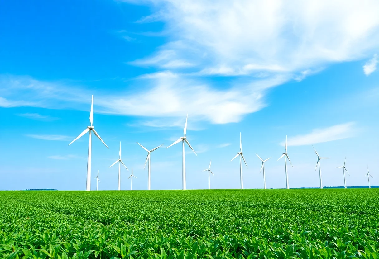 Wind turbines in a green field under a blue sky
