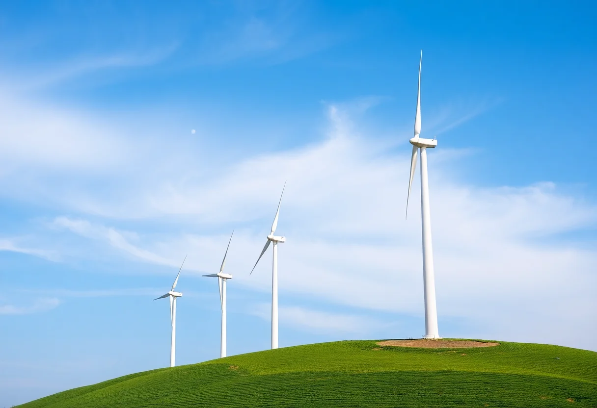 Wind turbines on a green hill under a blue sky, representing clean energy investment.